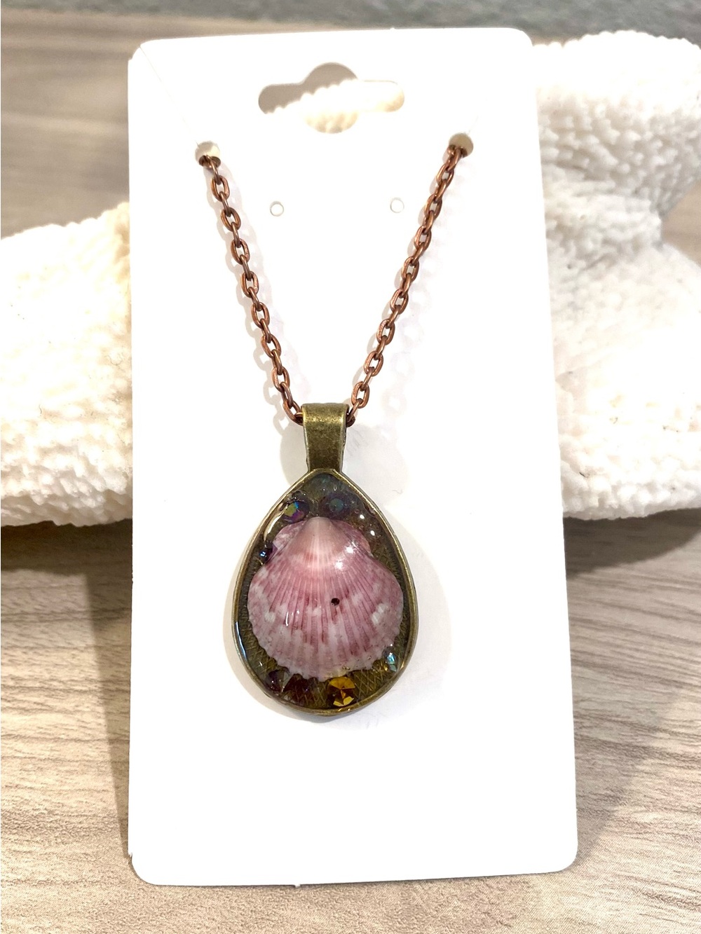 71. Sanibel island scallop Seashell Teardrop Necklace with multicolored crystals